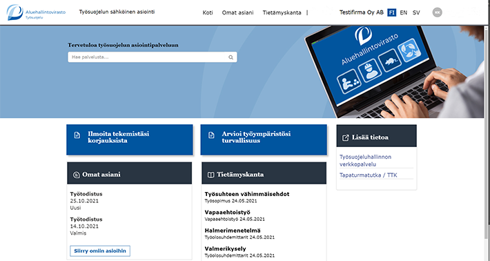 Home page view of the occupational safety and health e-service.