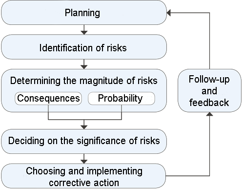 The stages of risk assessment include planning the assessment, identifying hazards, determining the level of risk from the perspective of consequences and probability, deciding on the significance of the risk, selecting and implementing measures, and monitoring and feedback.