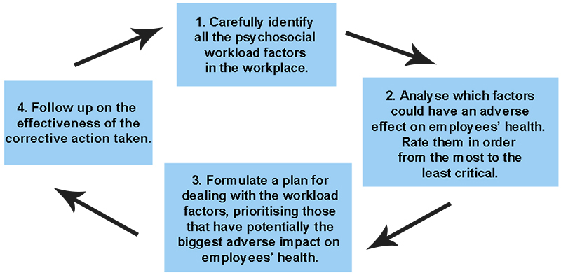 A four-step risk assessment process: identify workload factors, assess their impact on workers' health, address workload factors, and monitor if the actions that have been taken are adequate.