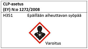 CLP-asetuksen mukainen merkki: varoitus, epäillään aiheuttavan syöpää.