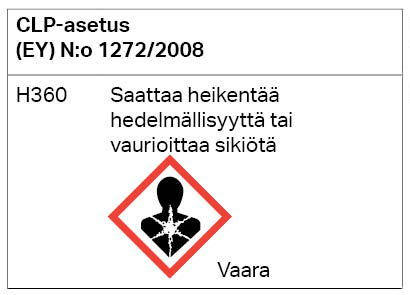 CLP-asetuksen mukainen varoitusmerkki. Merkki tarkoittaa, että kyseinen aine saattaa heikentää hedelmällisyyttä tai vaurioittaa sikiötä.