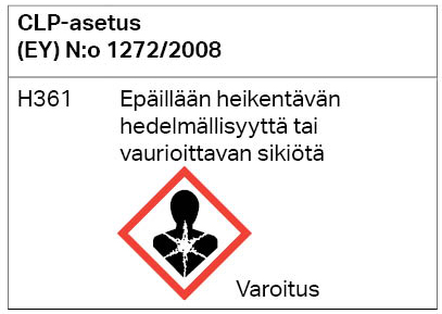 CLP-asetuksen mukainen varoitusmerkki, joka kertoo epäiltävän, että aine heikentää hedelmällisyyttä tai vaurioittaa sikiötä.