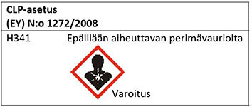 CLP-asetuksen mukainen varoitusmerkki, joka kertoo aineen epäillään aiheuttavan perimävauriota.