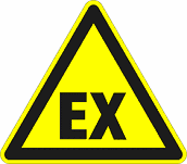 EX, märkning för explosionsfarliga utrymmen eller områden.