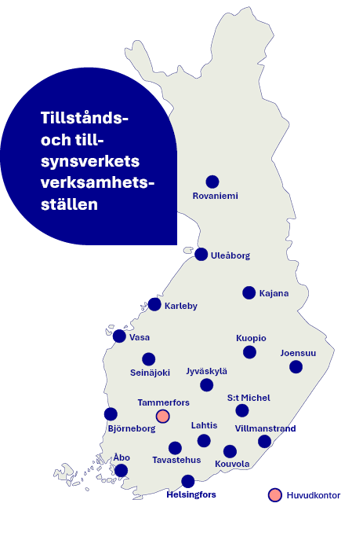 Tillstånds- och tillsynsverkets verksamhetsställen på kartan.