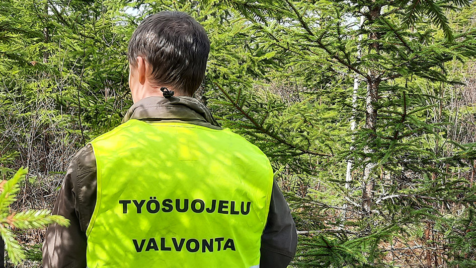 Työsuojelutarkastaja metsässä.