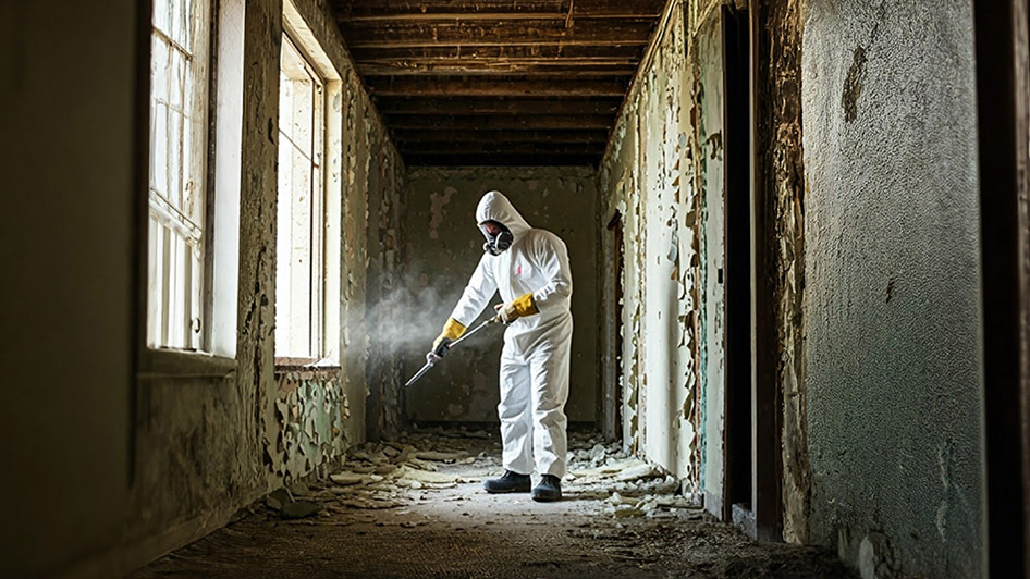 Henkilö tekee asbestipurkutyötä suojavarustuksessa.