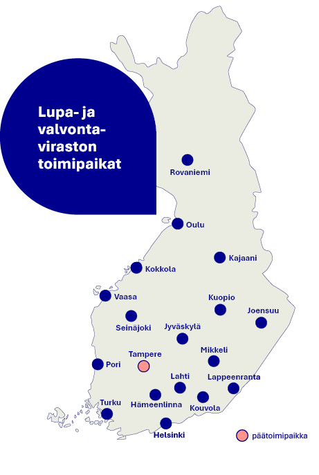 Lupa- ja valvontaviraston toimipaikat kartalla.
