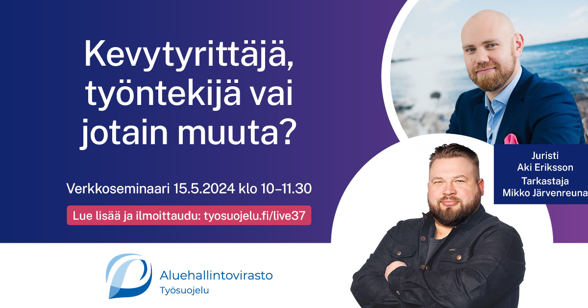 Verkkoseminaarin mainos, kuvassa lakimies Aki Eriksson ja tarkastaja Mikko Järvenreuna.